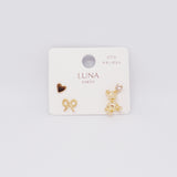Bear x Ribbon Set Gold Earrings