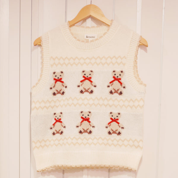 Teddy Bear Sweater Vest - Ivory - Christmas