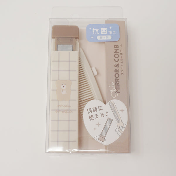 Slide Mirror & Comb Set - moco mocha latte kuma bear - Qlia Japan