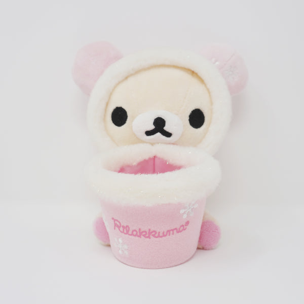 (No Tags) 2007 Korilakkuma with Cup Plush Pen Holder - Rilakkuma Pink Snow Winter - San-X